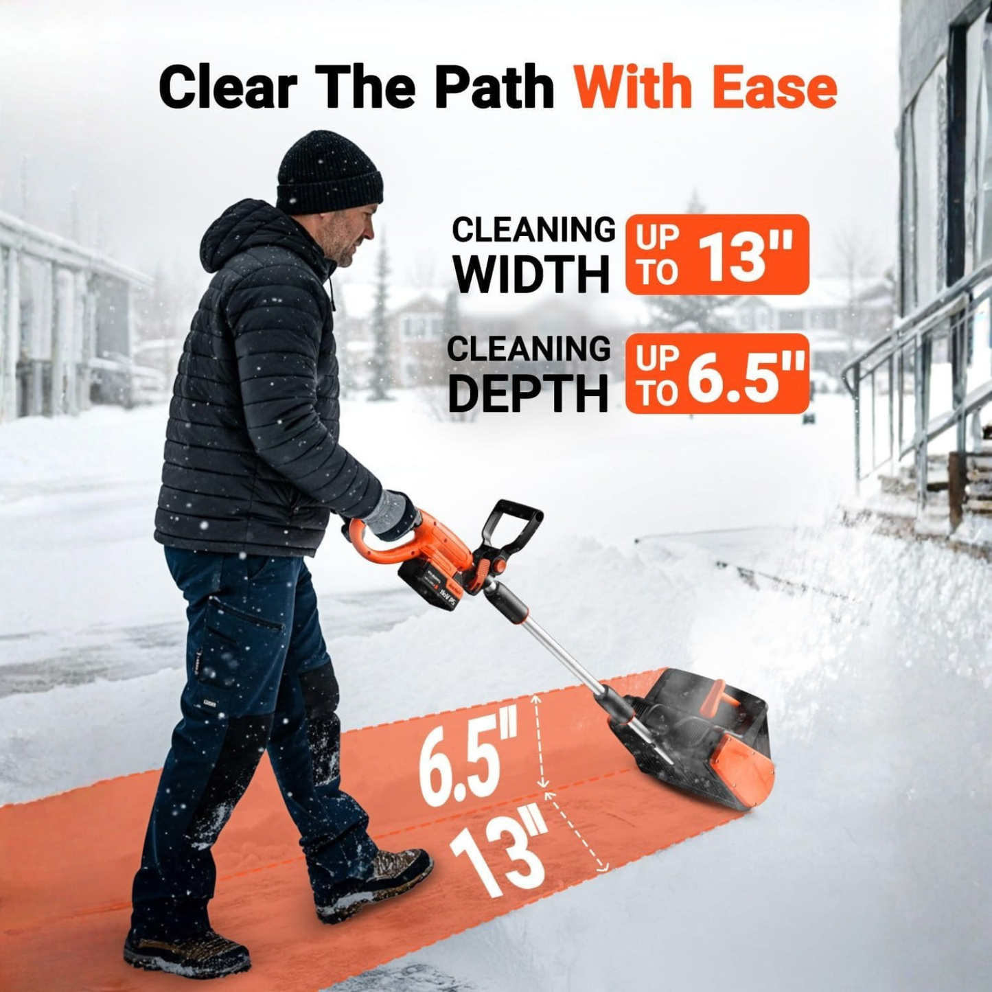 Cordless Snow Clearing Shovel + 1 Battery + 1 Charger | 24V | 13-Inch with Directional Plate & Adjustable Front Handle